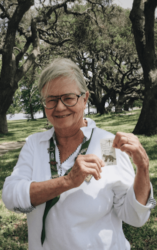 Karen receives the 2018 Ocelot pin for renewing her Texas Master Naturalist certification