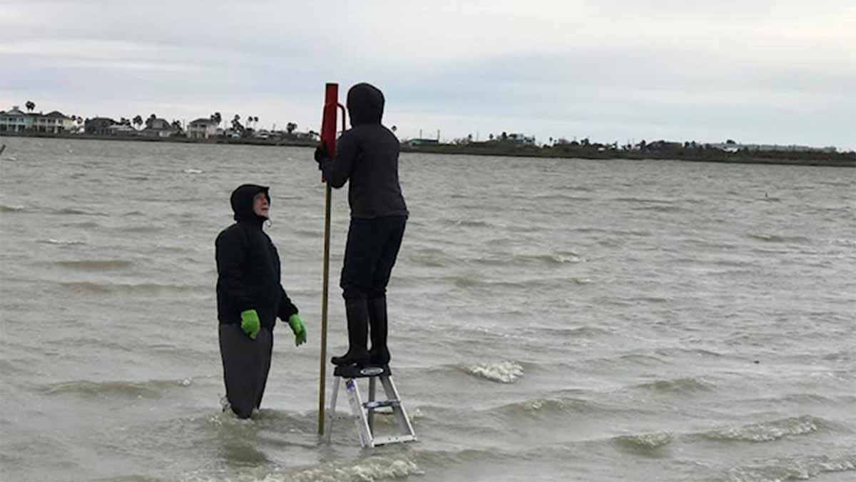 Setting a post for a sign to protect a colonial waterbird rookery